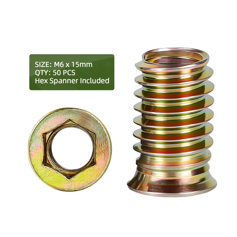 kvohlum 50 PCS M6-1.0 x 15mm Threaded Inserts for Wood Professional Threaded Insert Nuts for Furniture & Wooden Products, Hex Spanner Included - Image 2
